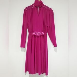 VINTAGE Fuchsia long sleeve Dress beaded shoulders and belt size M/L
